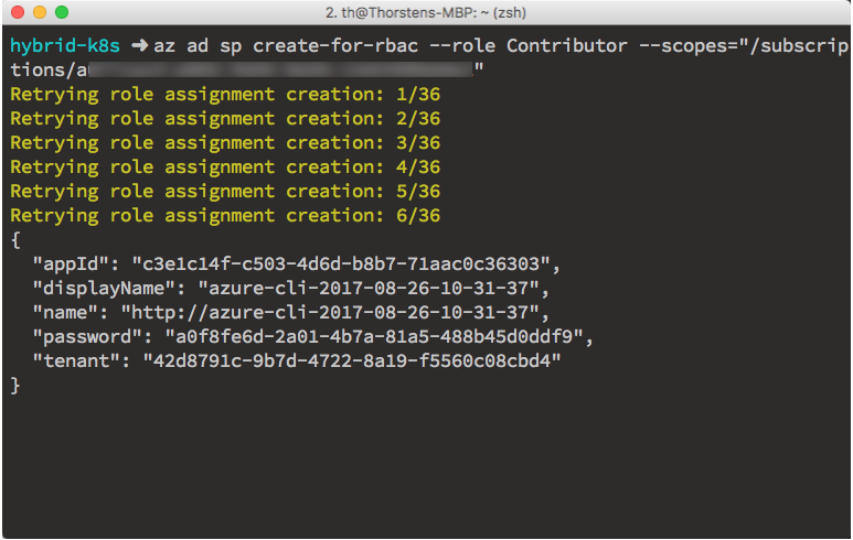 A new Azure Service Principal has been created